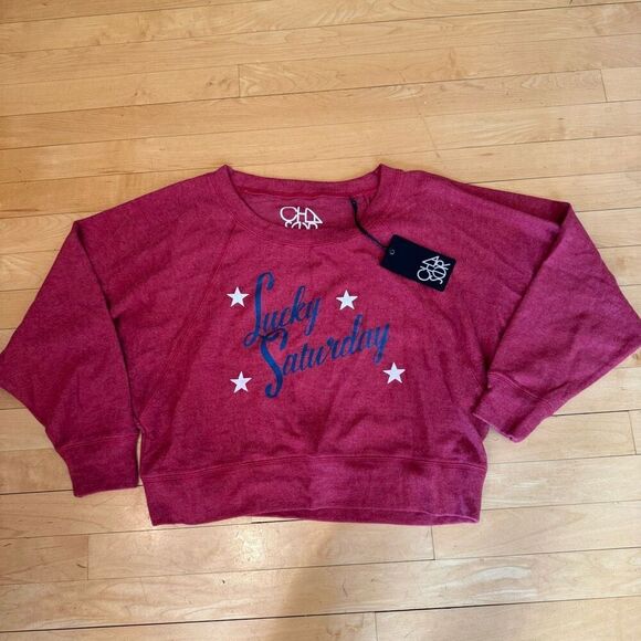 Chaser lucky Saturday Long Sleeve Crew Neck Boxy red Pullover size small m5 - Picture 2 of 5